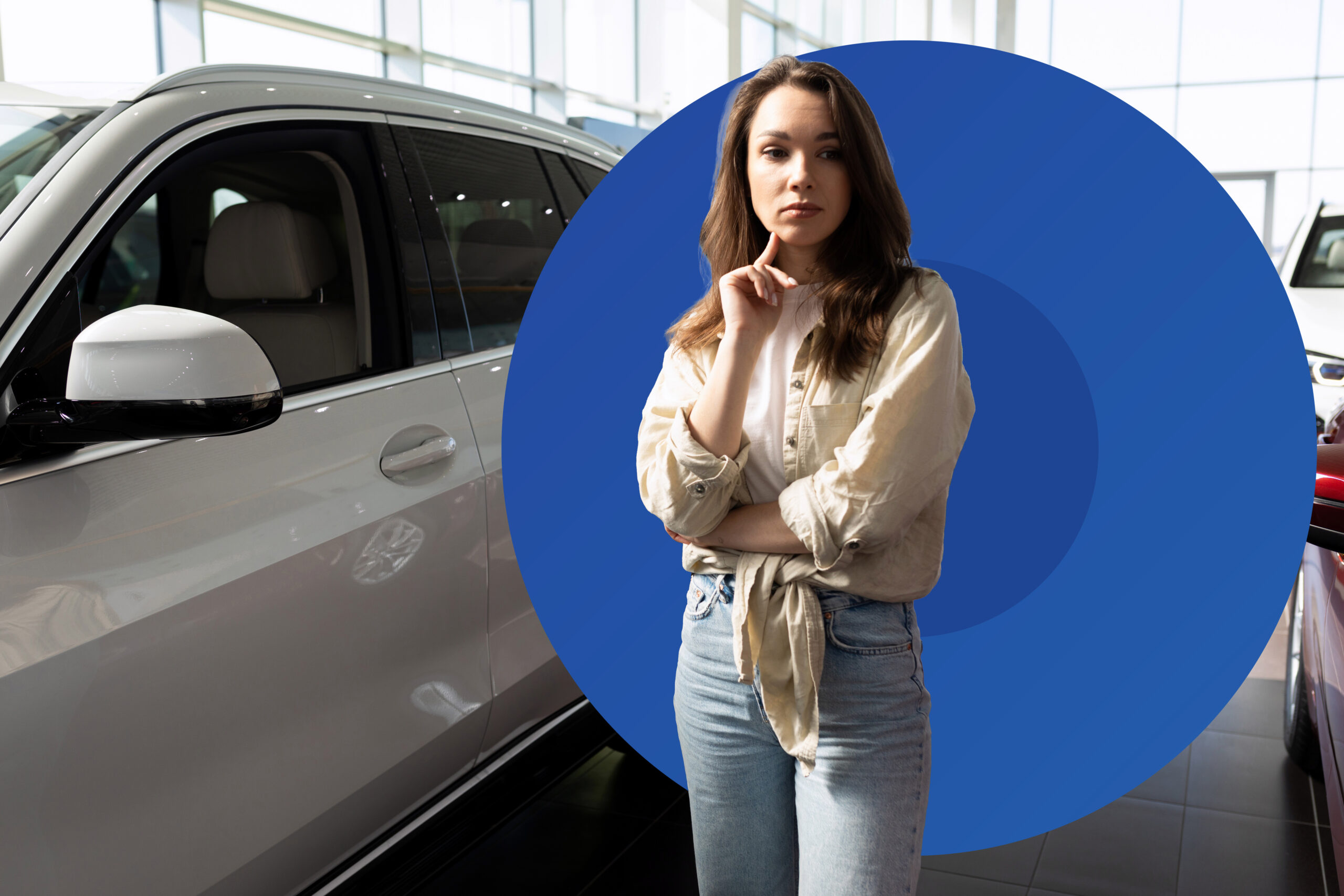 Thoughtful woman standing next to a SUV considering car finance options